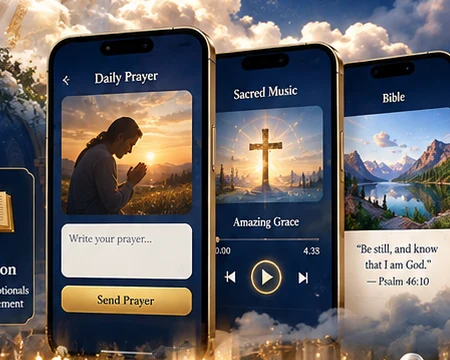 Illustrated app experience with prayer, music and Bible sections